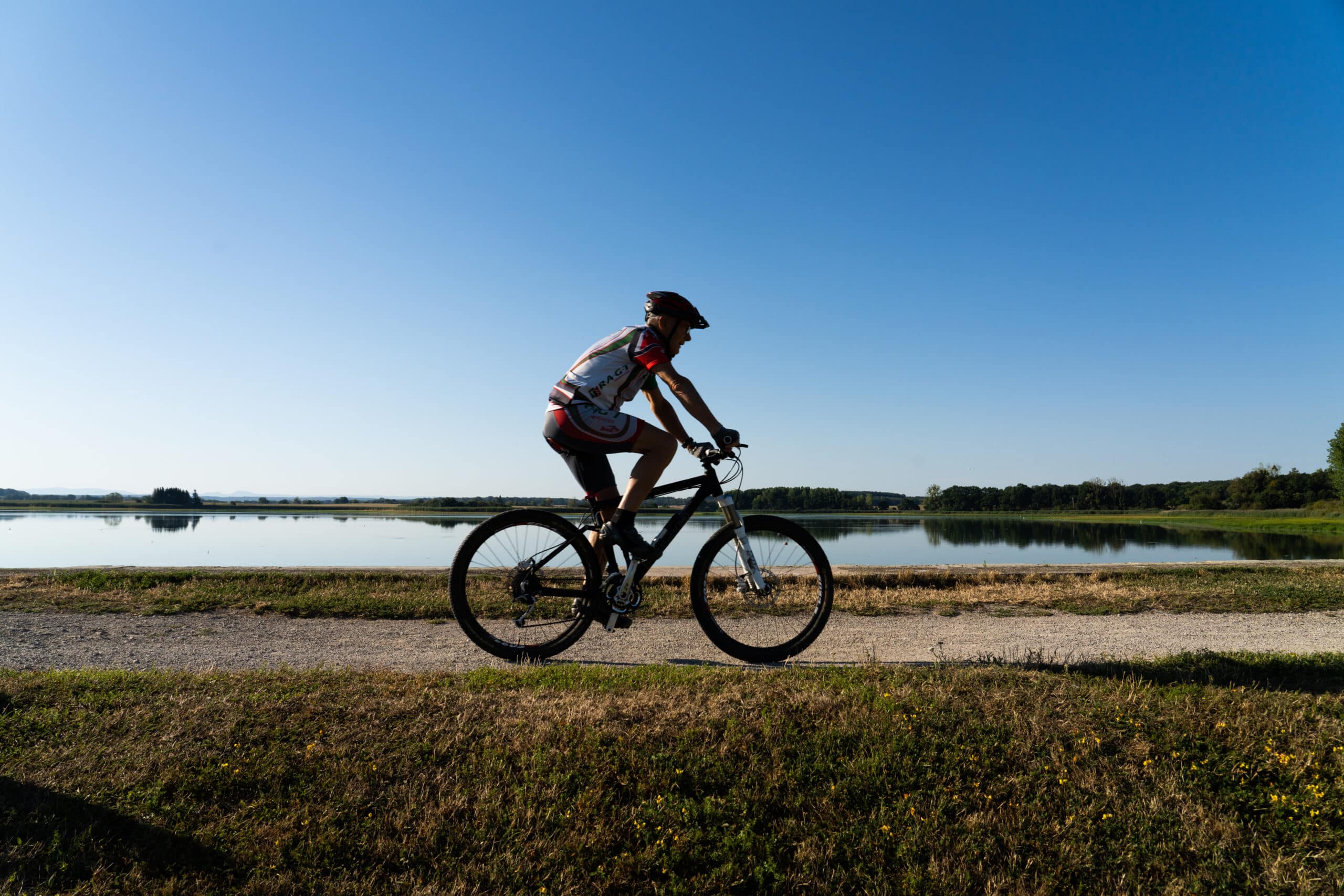 Homme à vélo au Domaine départemental de Lindre